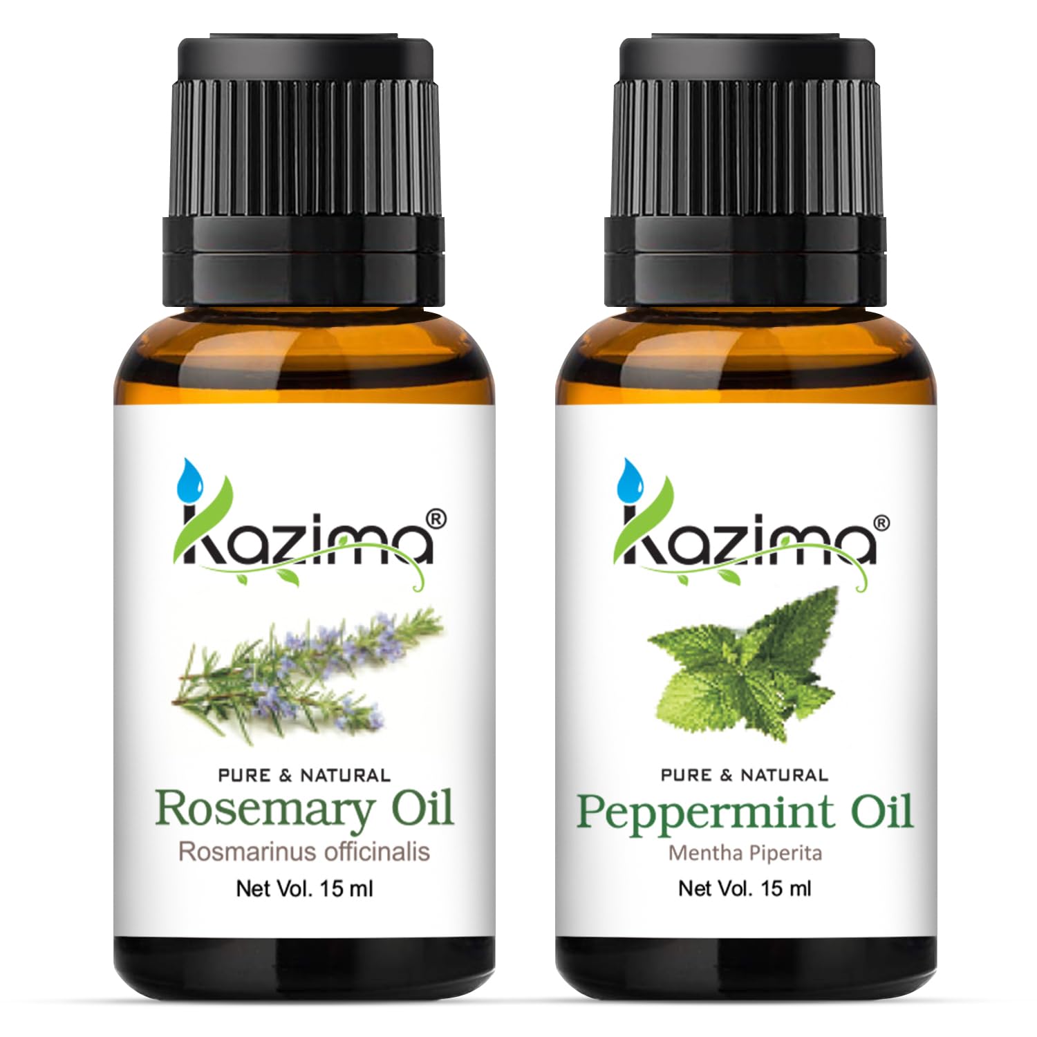 KAZIMA Combo of Rosemary & Peppermint Essential Oils – 100% Pure for Hair Growth, Skin Care, Aromatherapy & Joint Pain Relief, 15ml Each
