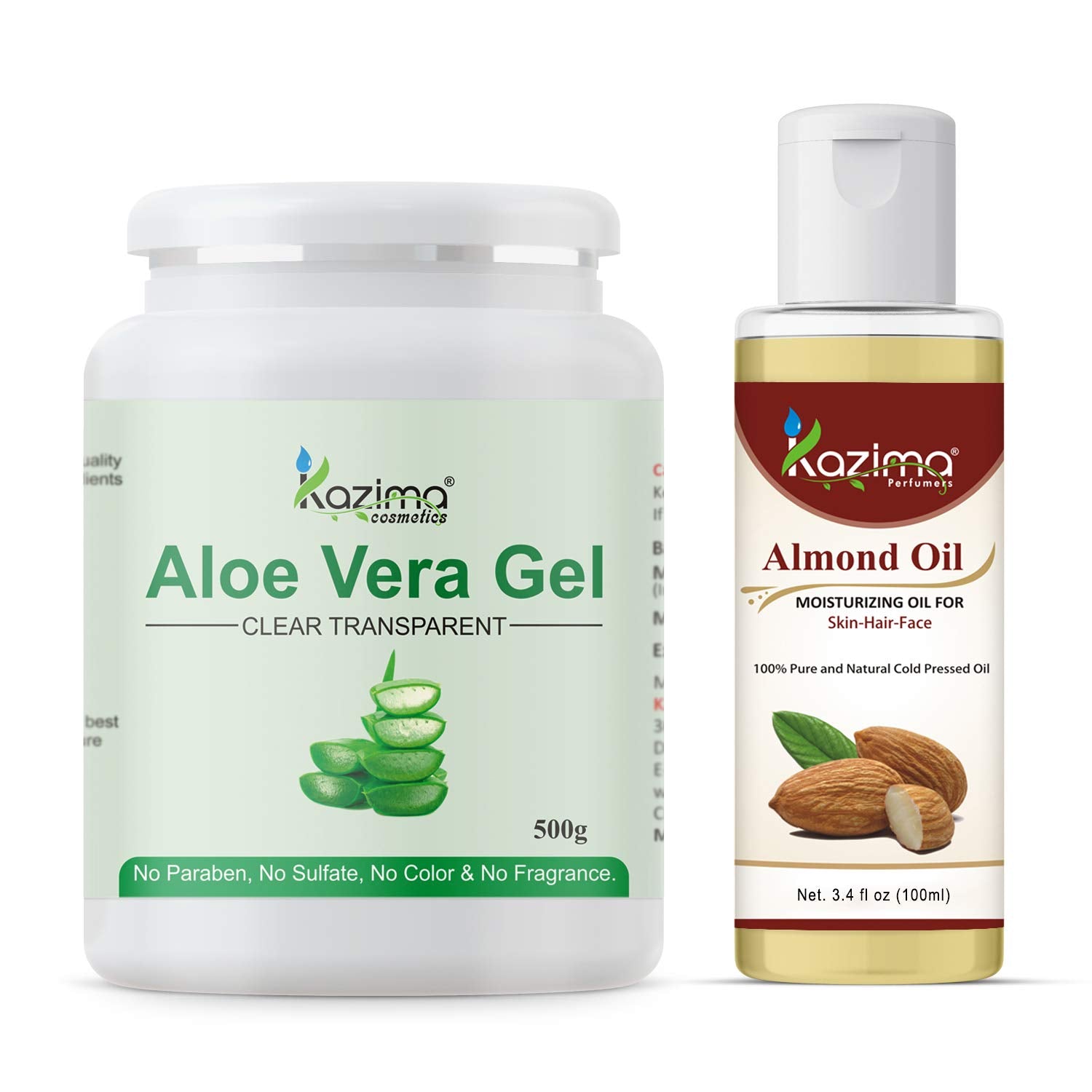 KAZIMA Aloe Vera Gel 500g & Almond Carrier Oil 100ml Combo – 100% Pure Natural Skincare for Acne, Dark Circles & Hair
