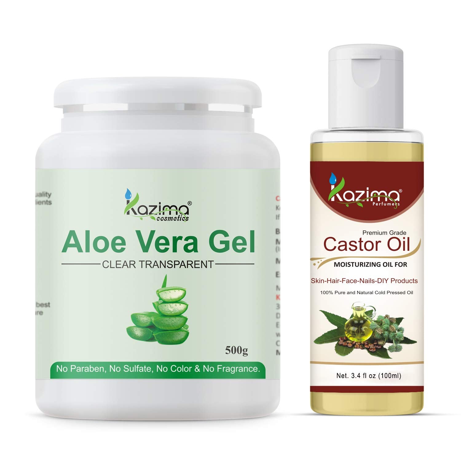 KAZIMA Aloe Vera Gel 500g & Castor Oil 100ml Combo – 100% Pure & Natural for Skin, Face, Acne Scars, Hair Growth, Moisturizing & Dark Circles