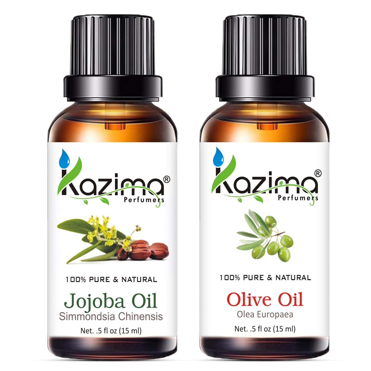 KAZIMA Jojoba & Olive Oil Combo – 100% Pure Cold Pressed Oils for Acne, Wrinkles, Skin Moisturizing, Hair Growth & Massage, 15 ml Each