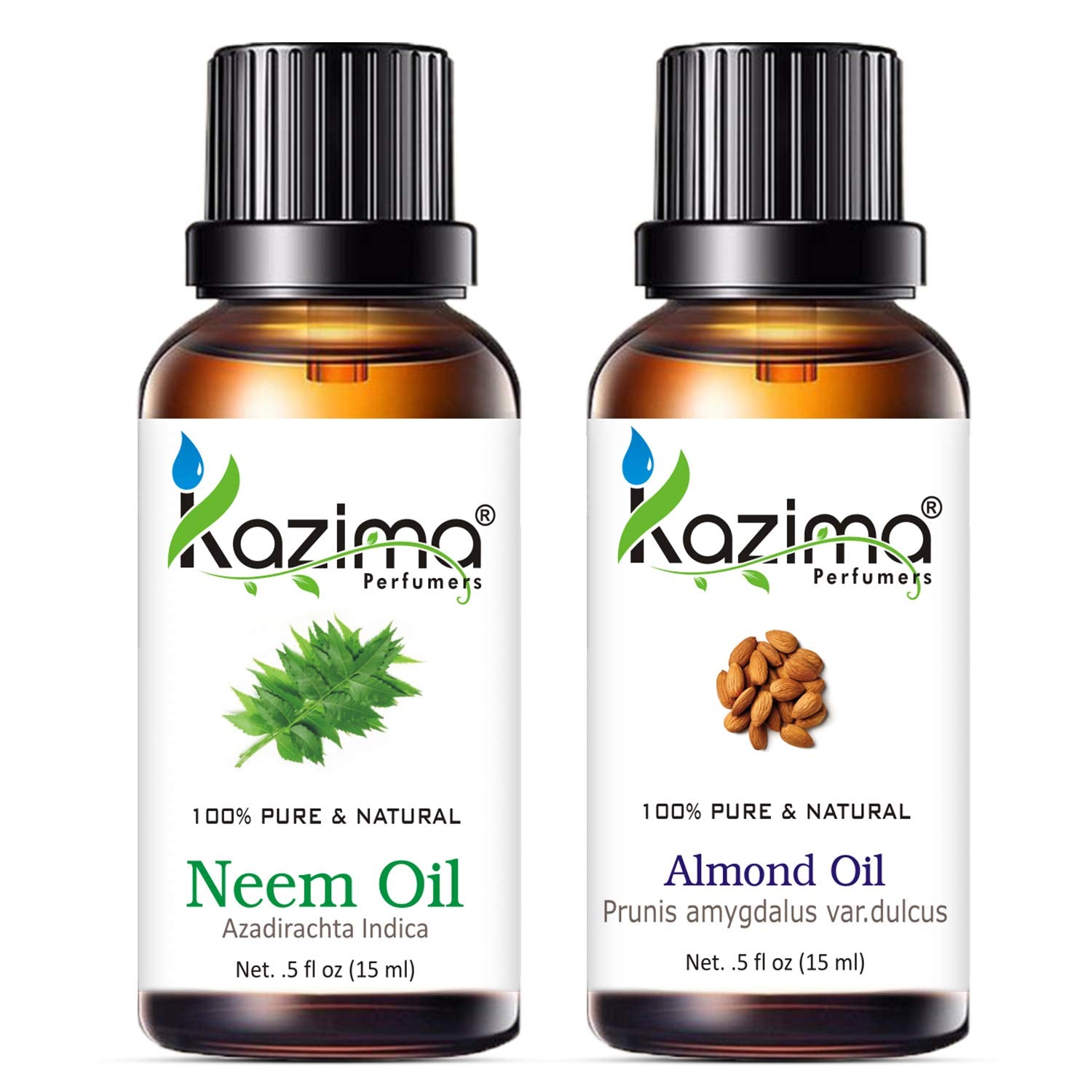 KAZIMA Neem & Almond Oil Combo – Cold Pressed Oils for Acne, Hair Growth & Dry Skin, 15 ml Each