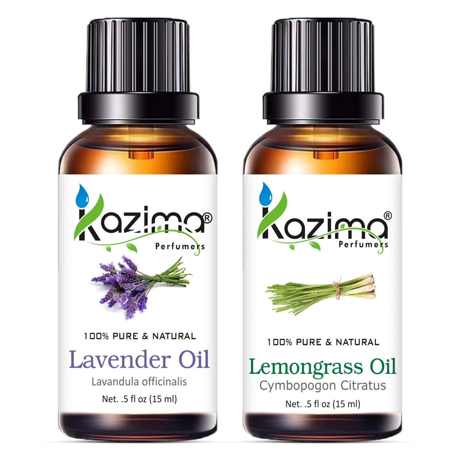 KAZIMA Lavender & Lemongrass Essential Oil Combo – 100% Pure Oils for Hair Growth, Skin & Aromatherapy – 15ml Each