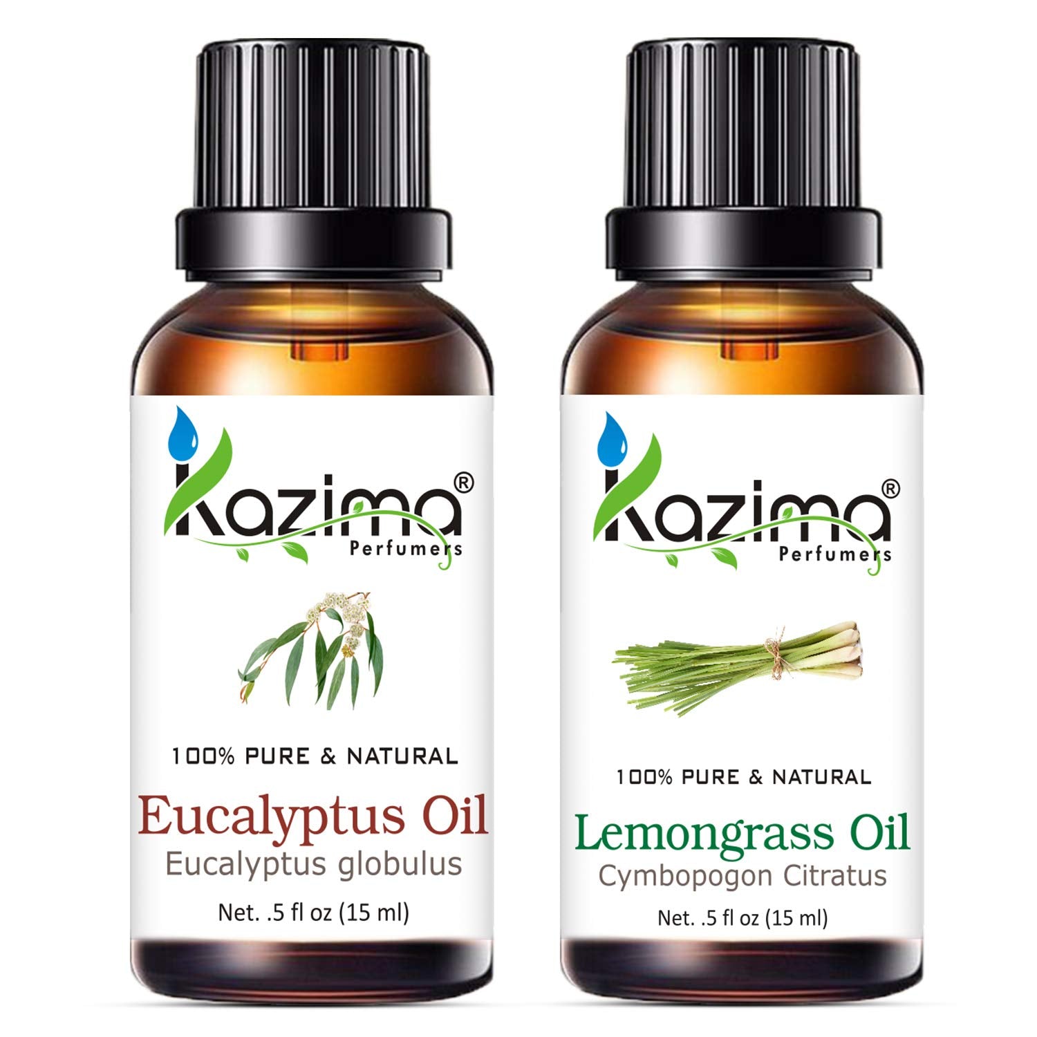 KAZIMA Eucalyptus & Lemongrass Oil Combo – 100% Pure Essential Oils for Hair Growth, Skin Care, Dandruff & Joint Pain Relief – 15ml Each