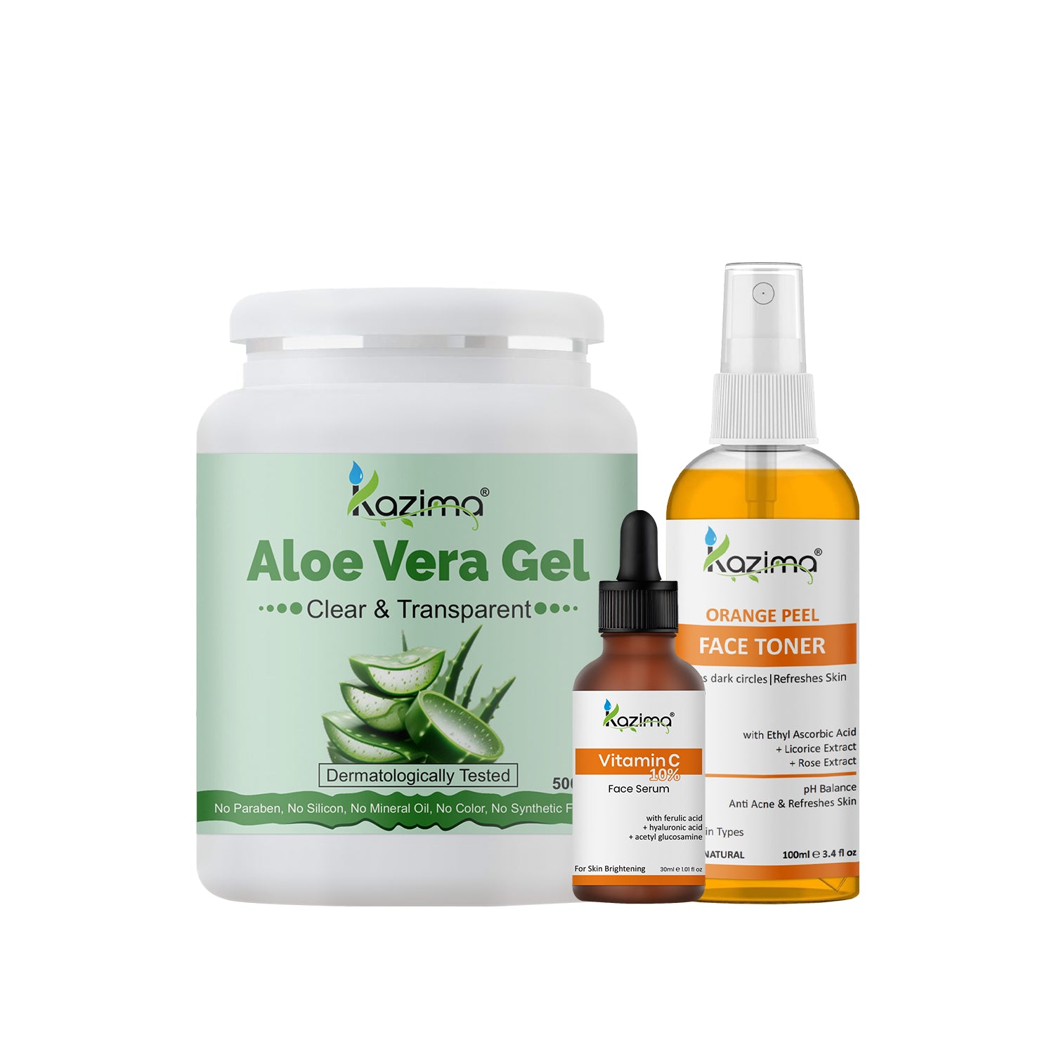 Natural Skincare Combo Pack | Pure Aloe Vera Gel 500g + 10% Vitamin C Serum 30ml + Orange Peel Face Toner 100ml | Complete Face Care Kit for Glowing, Bright & Youthful Skin