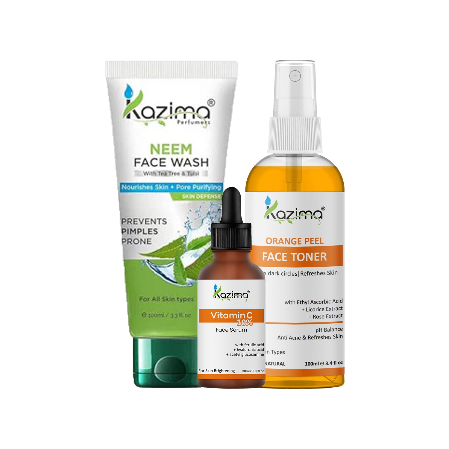 Neem Face Wash, 10% Vitamin C Serum & Orange Peel Toner – 3-Step Acne & Brightness Combo