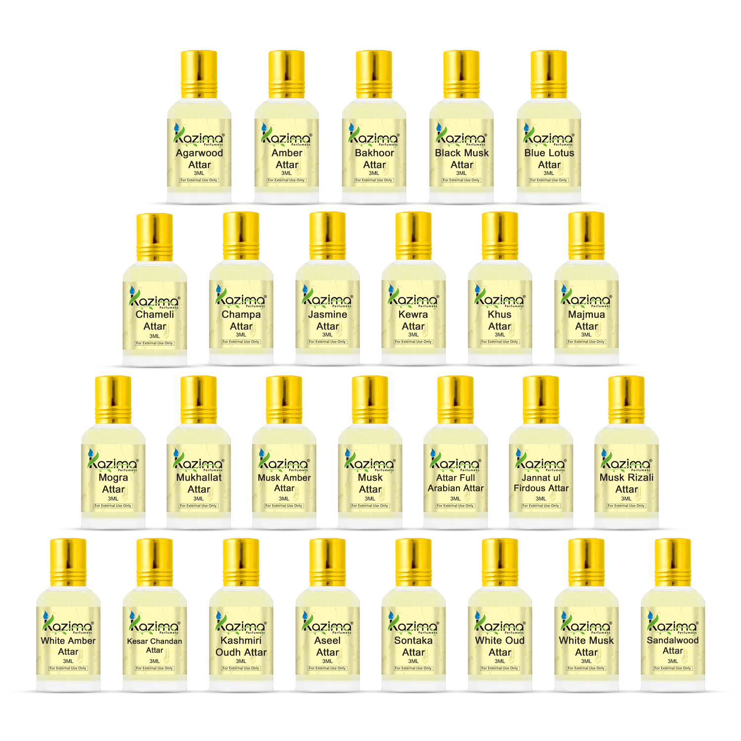 Kazima Attar Combo Pack for Unisex | Alcohol-Free | Long-Lasting Fragrance | 3ml Each | Set of 26 Premium Attars