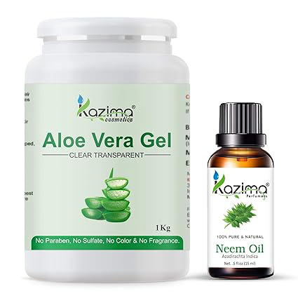Kazima Aloe Vera Gel (1Kg) & Neem Oil (15ml) Combo – Pure Natural Care for Skin, Hair, Acne, Scars & Dark Circles