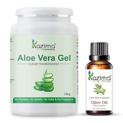 KAZIMA Aloe Vera Gel 1Kg & Olive Oil 15ml Combo – Pure Natural Skin & Hair Care for Acne Scars & Dark Circles