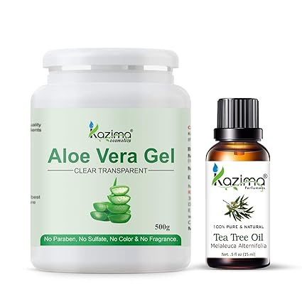 Kazima Aloe Vera Gel 500g & Tea Tree Oil 15ml Combo | 100% Natural | Skin Care, Hair Care, Acne & Dark Circles Solution