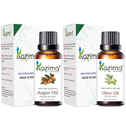 KAZIMA Argan & Olive Oil Combo – 100% Pure Cold Pressed Oils for Acne, Hair Growth, Scalp Nourishment & Skin Moisturizing, 15ml Each
