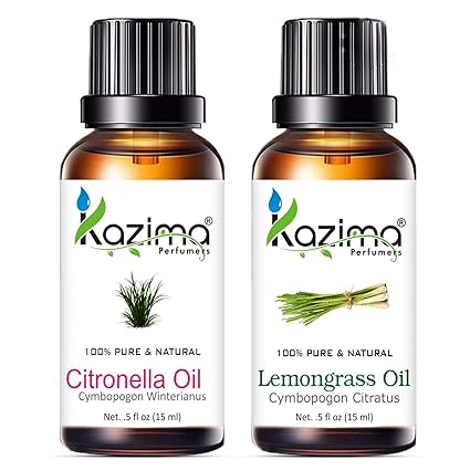 KAZIMA Citronella & Lemongrass Essential Oil Combo – 100% Pure Oils for Mosquito Repellent, Hair Growth, Acne & Aromatherapy – 15 ml Each