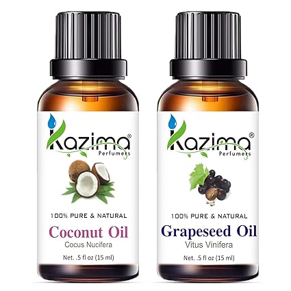 KAZIMA Coconut & Grapeseed Oil Combo – 100% Pure Cold Pressed Carrier Oils for Hair Growth, Acne, Scalp Nourishment & Skin Moisturizing – 15ml x 2