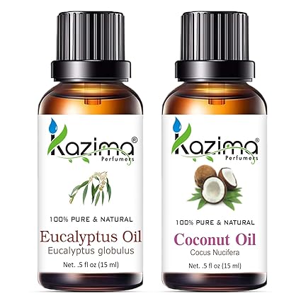 KAZIMA Combo of Eucalyptus Essential Oil & Coconut Carrier Oil – 100% Pure & Natural for Hair Growth, Dandruff, Skin Hydration & Joint Pain Relief – 15ml Each