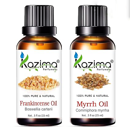 KAZIMA Frankincense & Myrrh Oil Combo – 100% Pure Essential Oils for Acne Scars, Gums, Hair Growth & Body Massage – 15ml Each