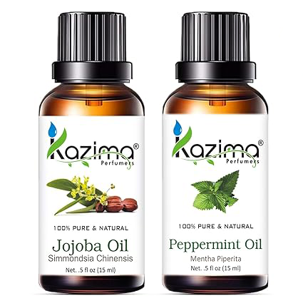 KAZIMA Combo of Jojoba Carrier Oil & Peppermint Essential Oil – 100% Pure Oils for Acne, Wrinkles, Skin Glow & Hair Care – 15ml Each