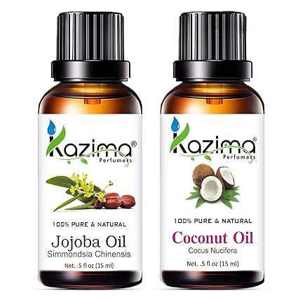 KAZIMA Combo of Jojoba Oil and Coconut Oil - 100% Pure Cold Pressed Carrier Oil for Acne, Wrinkles, Skin Brightening, Moisturizing & Hair Growth, 15 ml each
