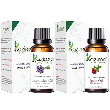 KAZIMA Lavender & Rose Essential Oil Combo – 100% Pure Oils for Skin & Hair, 15 ml Each