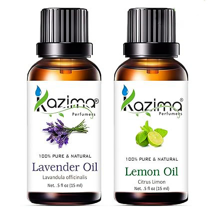 KAZIMA Lavender & Lemon Oil Combo – 100% Pure Oils for Acne, Skin Brightening, Hair Growth & Relaxation, 15 ml Each