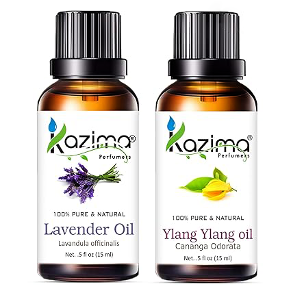 KAZIMA Lavender & Ylang Ylang Oil Combo – 100% Pure Essential Oils for Body Massage, Hair Growth & Aromatherapy – 15ml Each