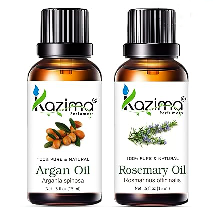 KAZIMA Argan & Rosemary Oil Combo – Pure Oils for Hair Growth, Acne Care & Skin Moisturizing – 15ml Each