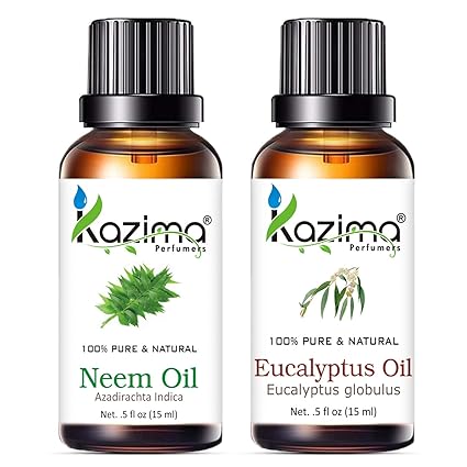 KAZIMA Neem & Eucalyptus Oil Combo – 100% Pure & Natural for Acne Scars, Hair Growth, Dandruff & Pain Relief – 15 ml x 2