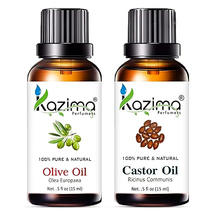 KAZIMA Olive & Castor Oil Combo – 100% Pure Cold Pressed Oils for Hair Growth, Acne Scars, Skin Moisturizing & Full Body Massage, 15 ml Each