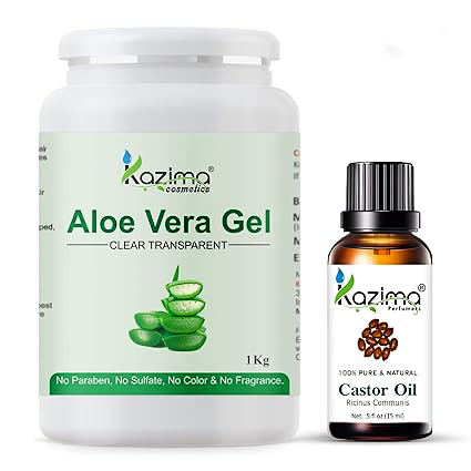 Kazima Aloe Vera Gel 1Kg & Castor Oil 15ml Combo – 100% Pure Natural Skin & Hair Care for Acne, Scars & Dark Circles