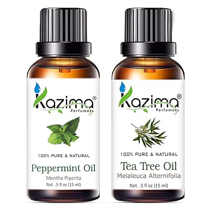 KAZIMA Peppermint & Tea Tree Essential Oils – Pure Natural Oils for Acne, Pimples, Hair Growth & Dandruff Control, 15 ml Each