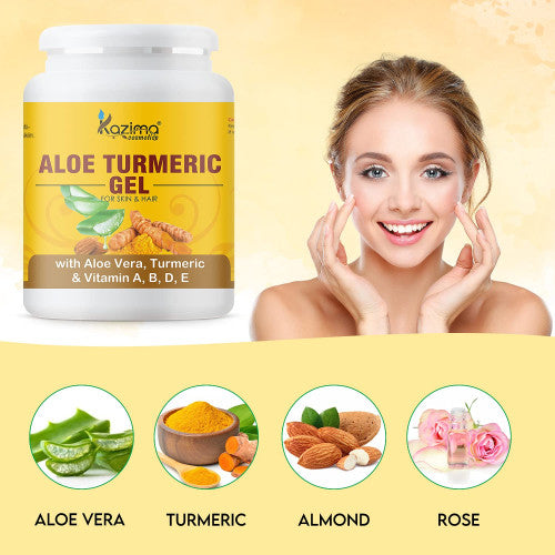 Kazima Aloe Turmeric Gel with Pure Aloe Vera, Turmeric & Vitamins – Brightens Skin, Fades Acne Scars, Wrinkles, Sunburn & Dark Circles