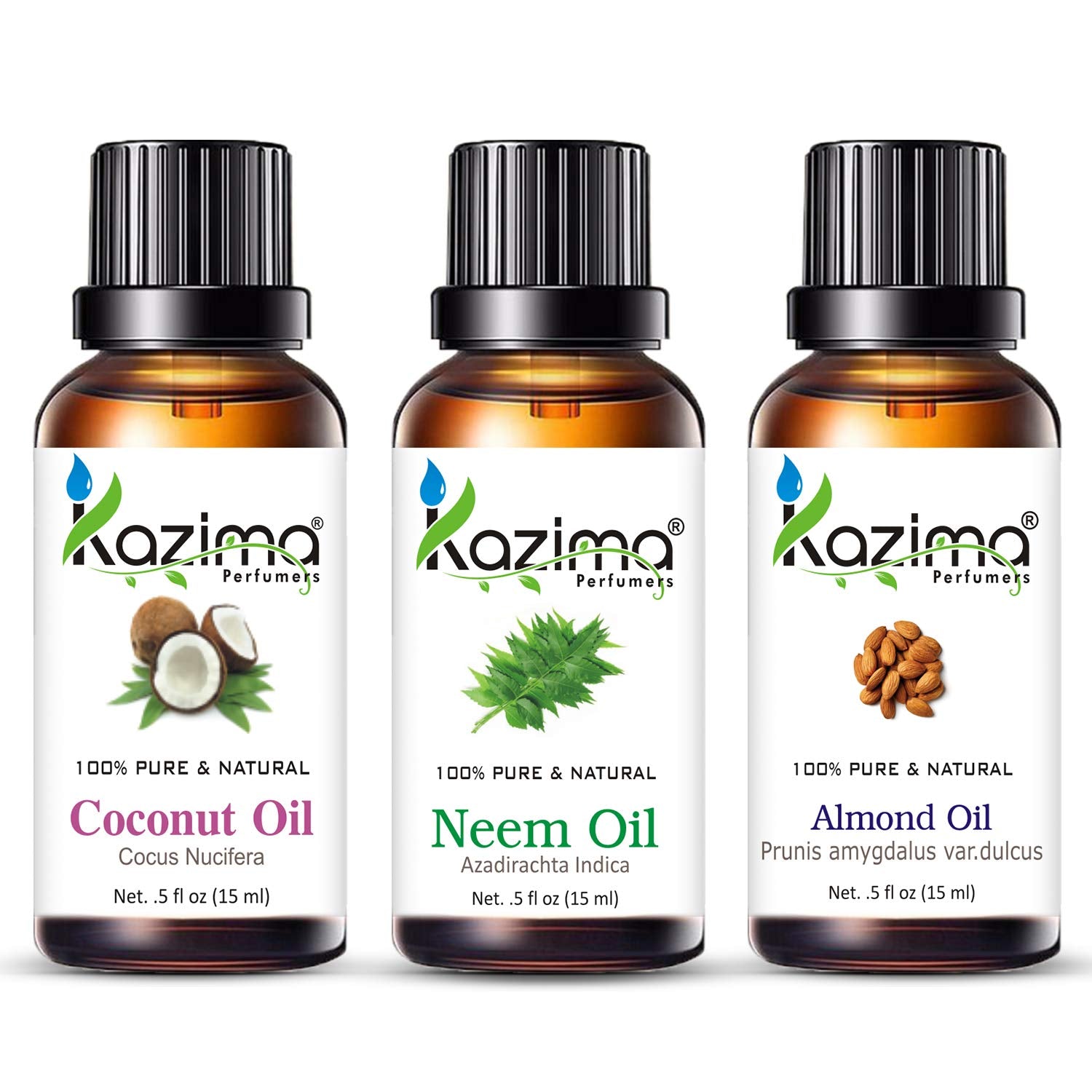 KAZIMA Coconut, Neem & Almond Oil Combo – 100% Pure Natural Oils for Hair, Face & Skin Nourishment – 15ml Each