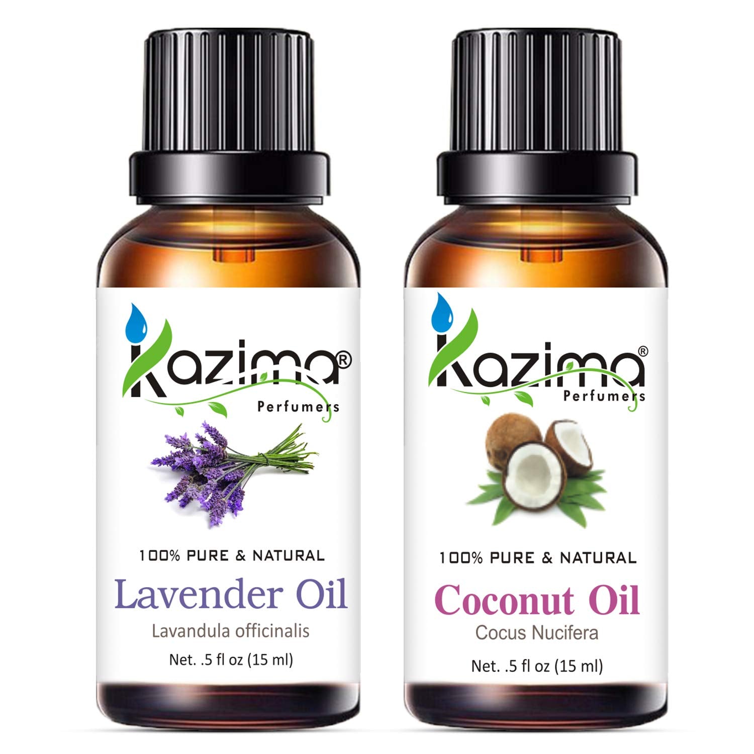 KAZIMA Lavender & Coconut Oil Combo – 100% Pure Oils for Acne, Wrinkles, Skin Brightening, Hair Growth & Aromatherapy, 15 ml Each