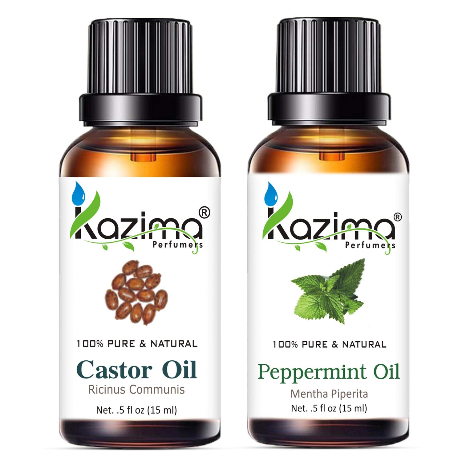 KAZIMA Castor & Peppermint Oil Combo – 100% Pure Natural Oils for Hair Growth, Scalp Moisturizing, Dandruff & Skin Care – 15ml x 2
