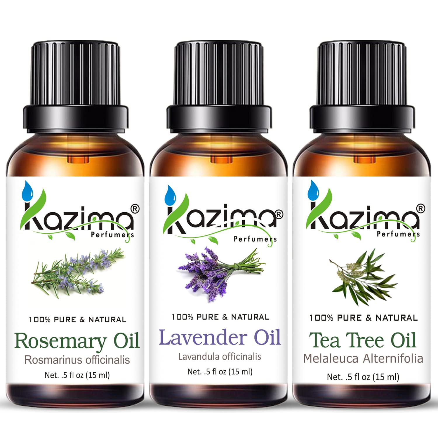 KAZIMA Essential Oils Trio – Rosemary, Lavender & Tea Tree Oil | 100% Pure & Natural for Hair, Skin & Aromatherapy (15ml Each, Pack of 3)