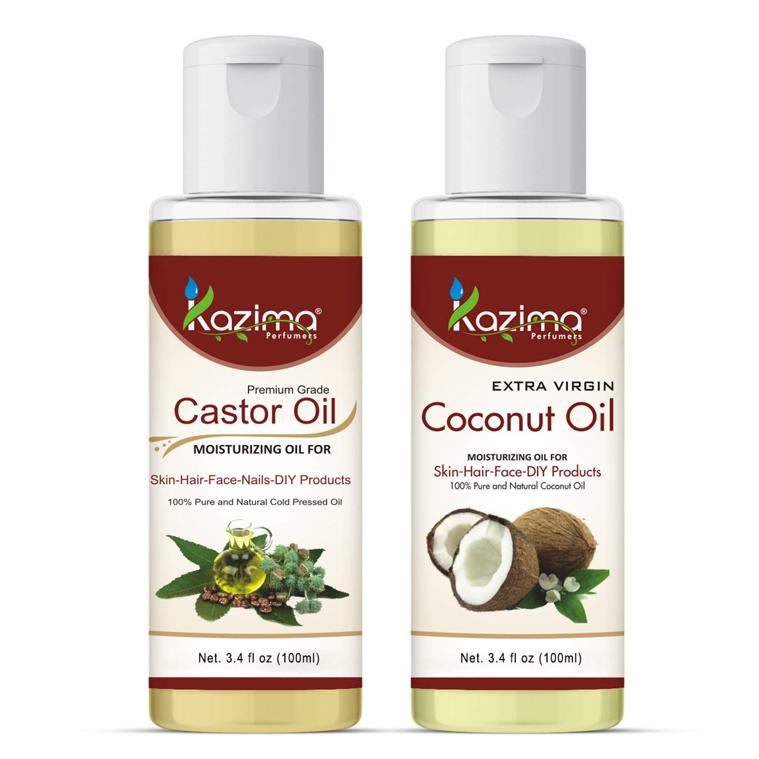 KAZIMA Castor & Coconut Oil Combo – 100% Pure Cold Pressed Oils for Hair, Skin & Body, 100ml Each