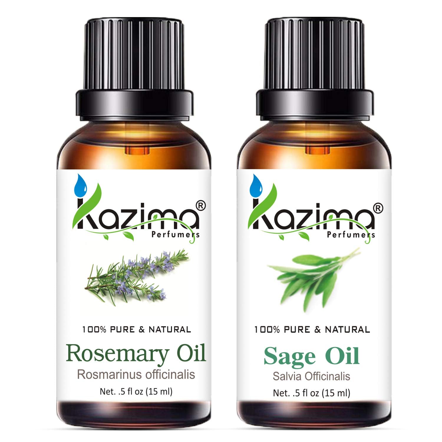 KAZIMA Combo of Rosemary Oil & Sage Oil – 100% Pure Essential Oils for Hair Growth, Skin Glow & Aromatherapy – 15 ml Each