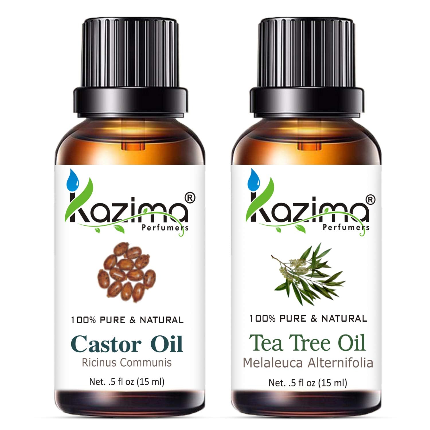 KAZIMA Combo of Castor Carrier Oil & Tea Tree Essential Oil – 100% Pure Oils for Hair, Skin & Body Care, 15ml Each