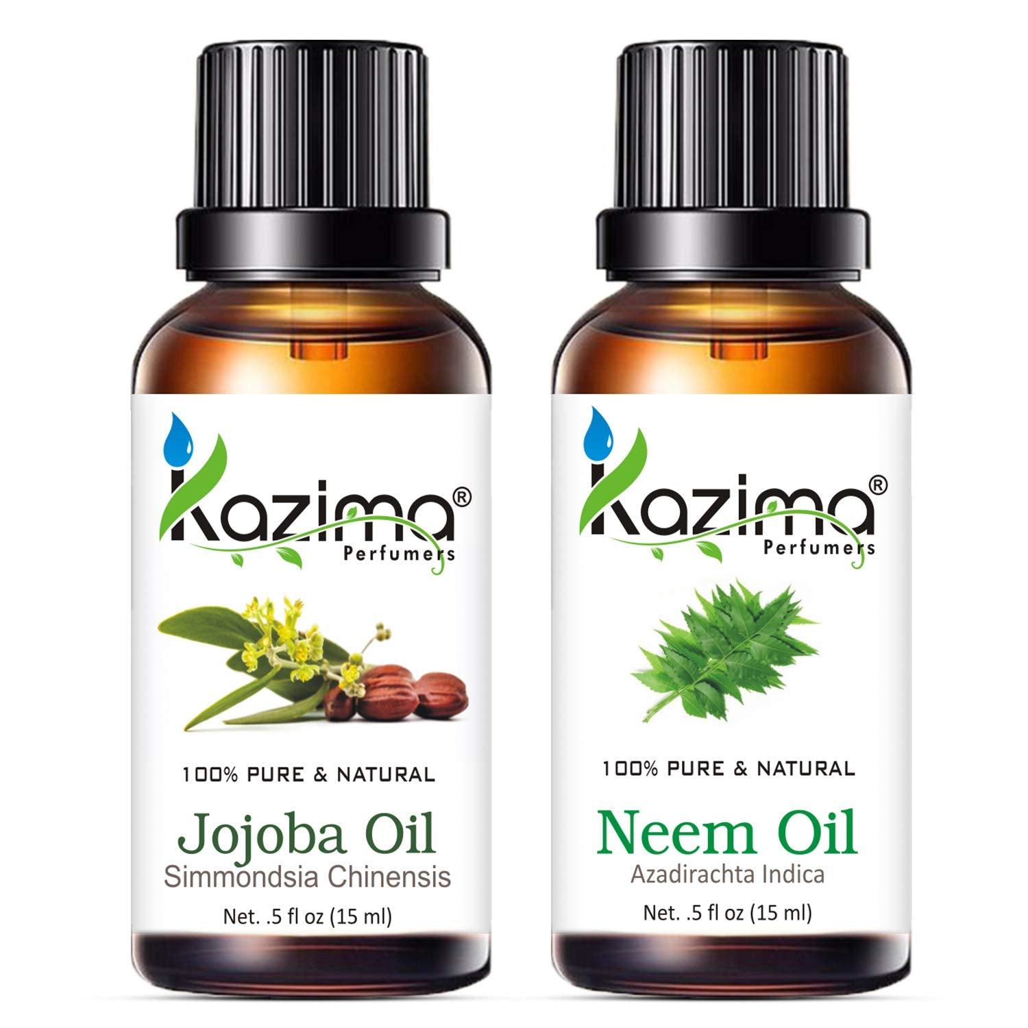 KAZIMA Jojoba & Neem Oil Combo – 100% Pure Cold Pressed Carrier Oils for Acne, Scars, Wrinkles & Hair Growth, 15 ml Each