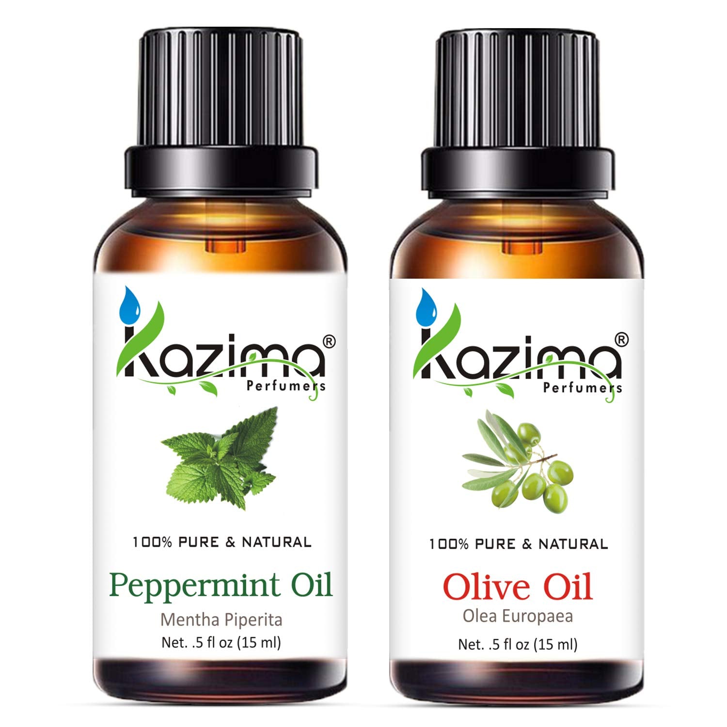 KAZIMA Peppermint & Olive Oil Combo – Pure Oils for Hair Growth, Skin Moisturizing, Massage & Natural Relief from Headache & Cold, 15 ml Each