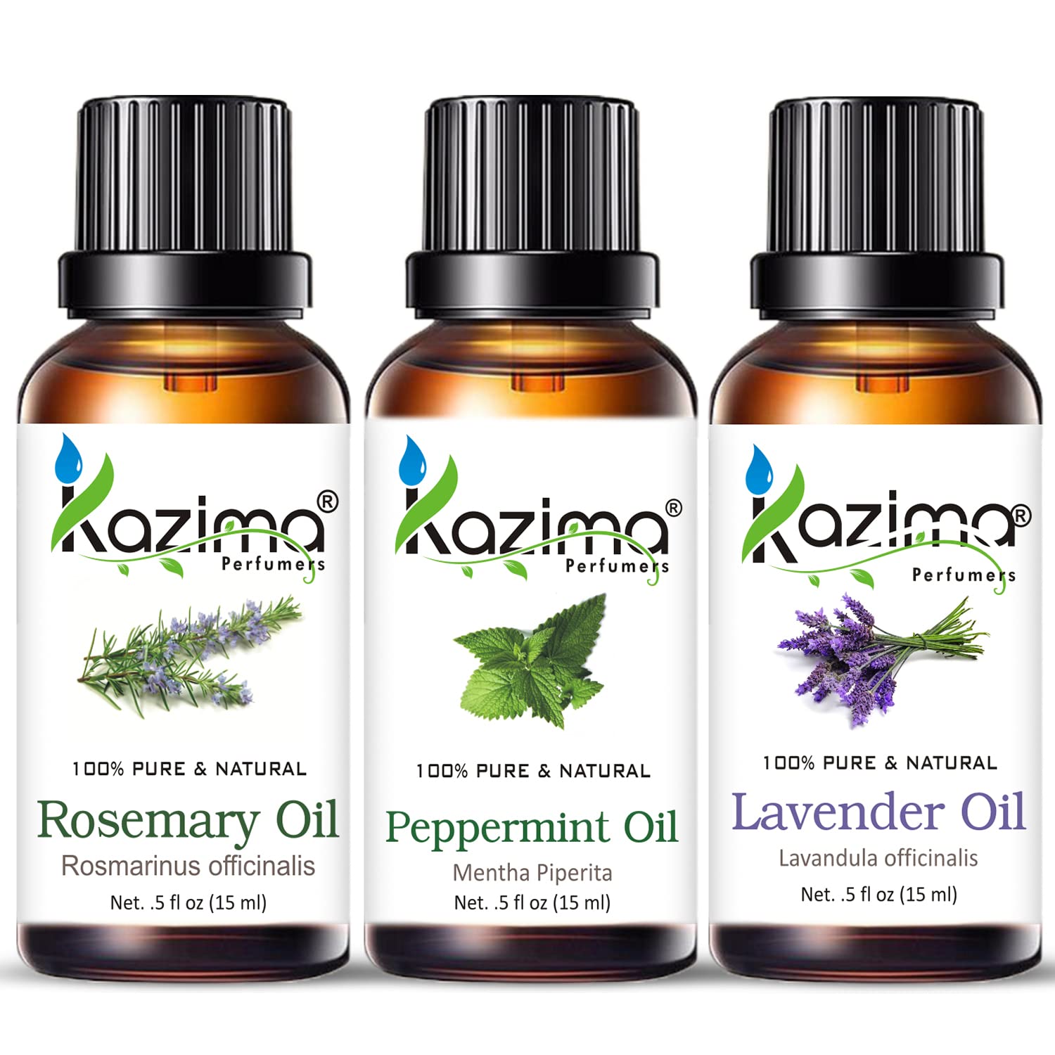 KAZIMA Trio of Rosemary, Peppermint & Lavender Essential Oils – 100% Pure & Natural Oils for Hair, Skin, Relaxation & Aromatherapy – 15ml Each (Pack of 3)