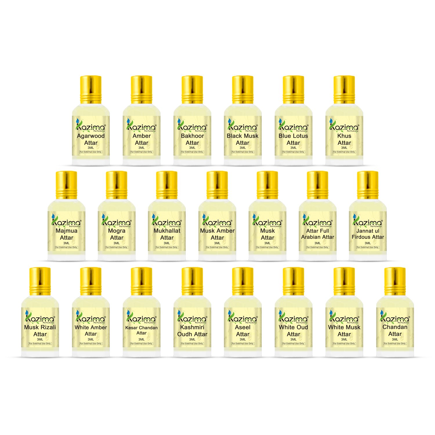 Kazima Attar Sample Kit – 21 x 3ml Alcohol-Free Long-Lasting Perfume Oils for Men & Women