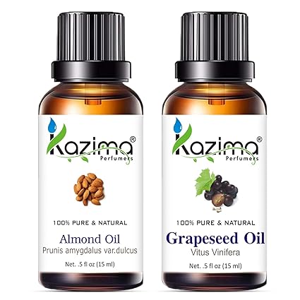 KAZIMA Combo – 100% Pure Cold Pressed Almond & Grapeseed Oil (15ml Each) | Carrier Oils for Glowing Skin, Face Massage, Acne & Hair Shine