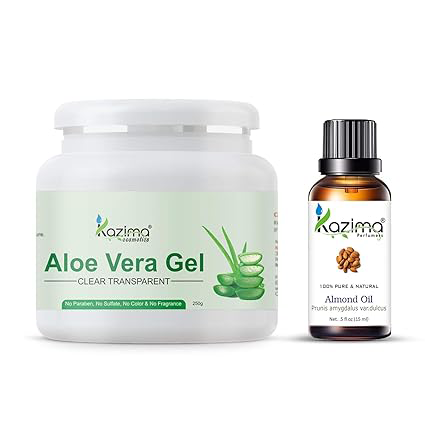 KAZIMA Aloe Vera Gel 250g & Almond Carrier Oil 15ml Combo – 100% Pure Natural Skincare for Acne, Scars & Hair