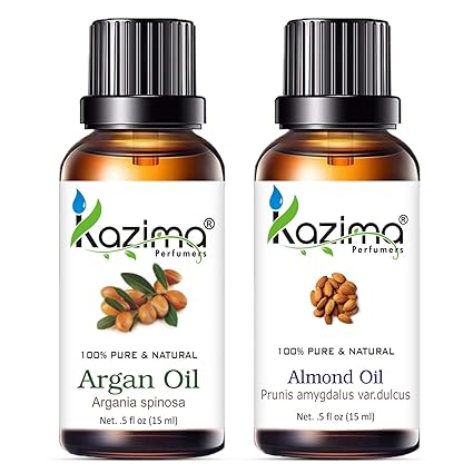 KAZIMA Combo of Argan Oil and Almond Oil - 100% Pure Cold Pressed Carrier Oil for Acne, Hair Growth, Scalp Nourishment & Skin Moisturizing, 15 ml each