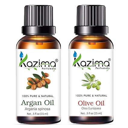 KAZIMA Argan & Olive Oil Combo – 100% Pure Cold Pressed Oils for Acne, Hair Growth, Scalp Nourishment & Skin Moisturizing, 15ml Each