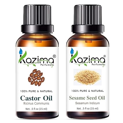 KAZIMA Combo of Castor Oil and Sesame Oil – 100% Pure Cold Pressed Carrier Oils for Hair Growth, Scalp Nourishment & Skin Care – 15ml Each