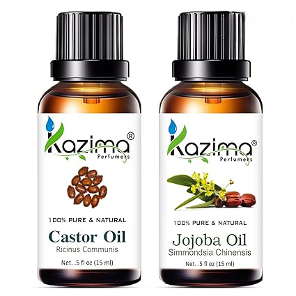 KAZIMA Combo of Cold Pressed Castor Carrier Oil and Jojoba Carrier Oil – 100% Pure & Natural Oils for Hair Growth, Glowing Skin & Full Body Nourishment – 15ml Each