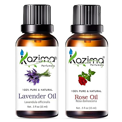 KAZIMA Lavender & Rose Essential Oil Combo – 100% Pure Oils for Skin & Hair, 15 ml Each