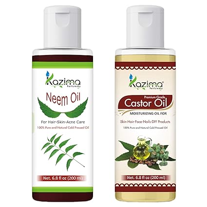 KAZIMA Combo of Neem & Castor Oil – 100% Pure Cold Pressed Oils for Hair, Skin & Body – 200ml Each