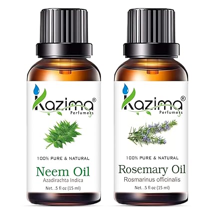 KAZIMA Neem & Rosemary Oil Combo – 100% Pure Oils for Acne, Hair Growth & Joint Relief, 15 ml x 2