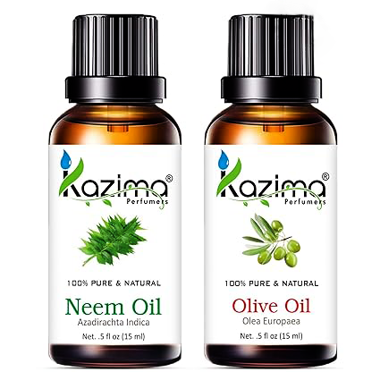 KAZIMA Neem & Olive Oil Combo – Pure Cold Pressed Oils for Skin, Hair & Massage, 15 ml Each